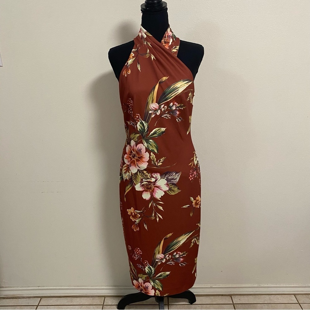 Rust Floral Halter Midi Dress